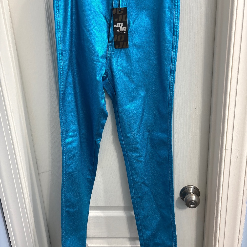 Life Of The Party Metallic Disco Jeggings - Metallic Turquoise